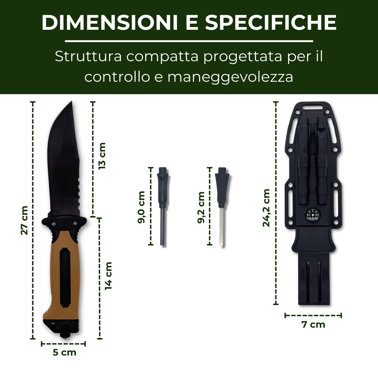 Coltello Sopravvivenza Lama Combinata 13cm Acciaio Inox, Manico Antiscivolo Marrone, Fodero ABS, Accendifuoco, Fischietto, Pietra Affilatrice e Rompivetro – Bushcraft, Camping, Trekking, Idea Regalo