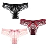 Women Lace Bow Thongs,T Back Low Waist Panties Sexy V-Shape Design Floral Lace, Breathable Panties Undies for Women 3-Pack