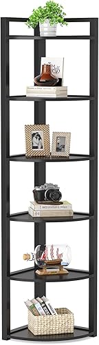 Vista 8 de Tribesigns Estantería esquinera de 6 niveles, estantería esquinera de 70.9 pulgadas de alto, estantería pequeña, estantería de esquina moderna, Negro