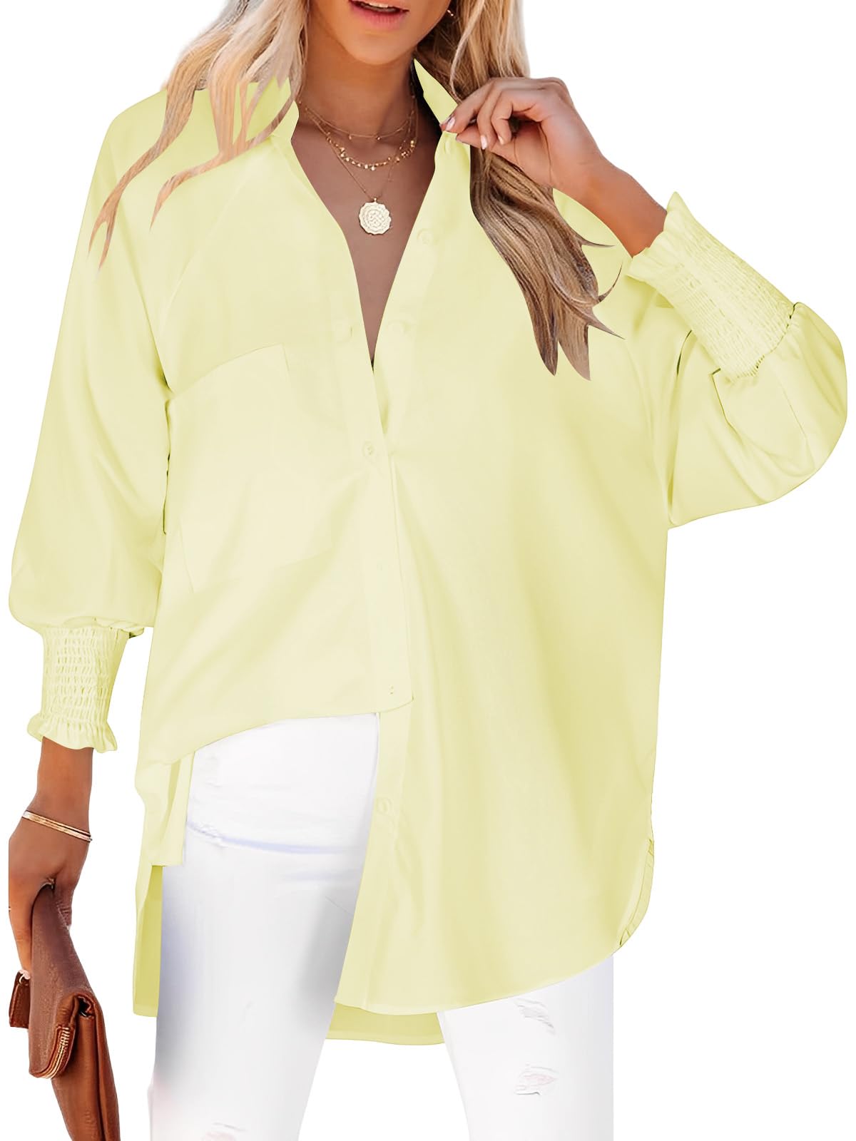 Cuptacc Bluse Damen Elegant V Ausschnitt Langarm Knöpfen Blusen Damen Gestreifte Brusttasche Oberteile