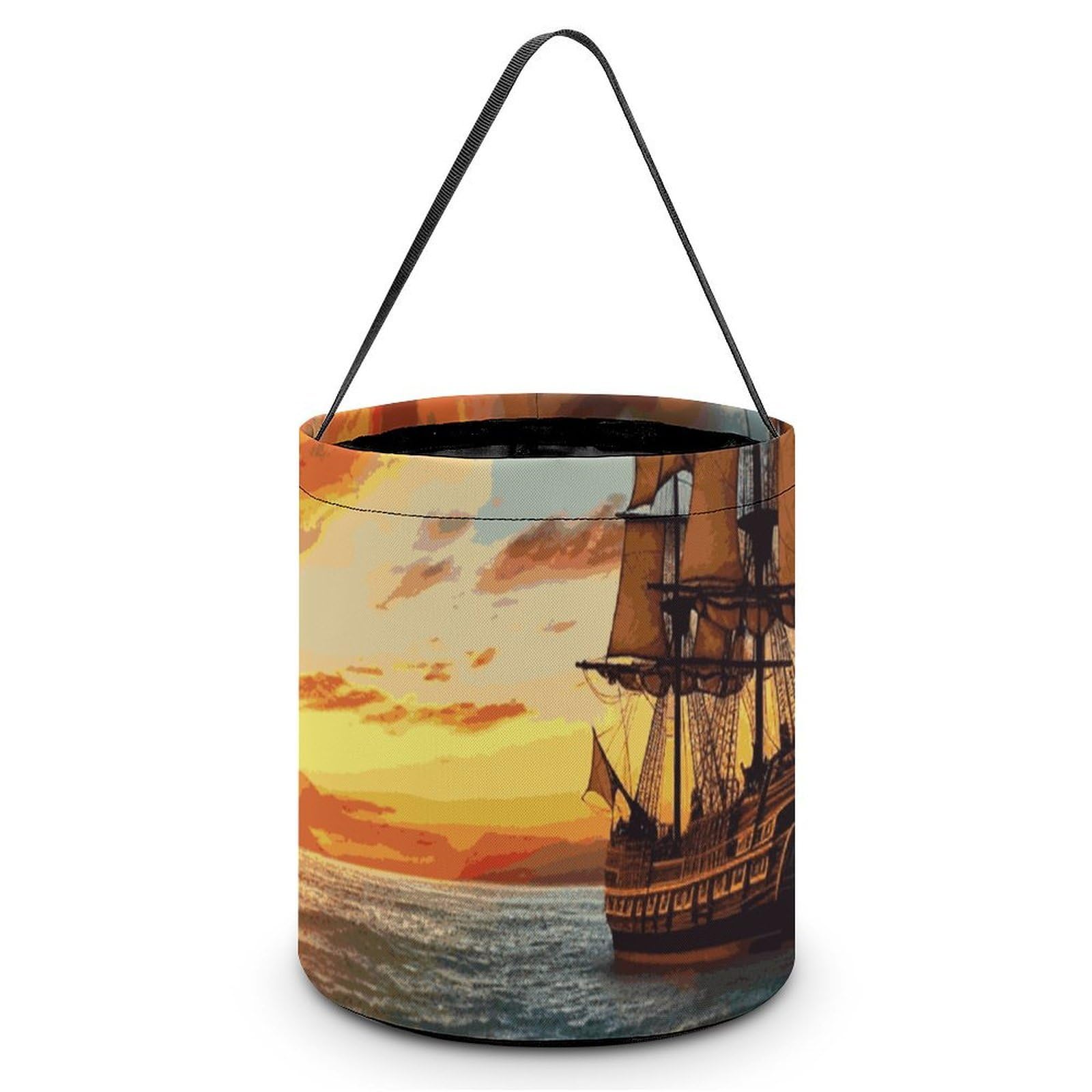 JTREHY Pirate Ship in The Sunset Candy Basket Hand-held Portable Candy Basket Collapsible Reusable Candys Bags Trick Or Treat Bags Party Festival Gift Bucket