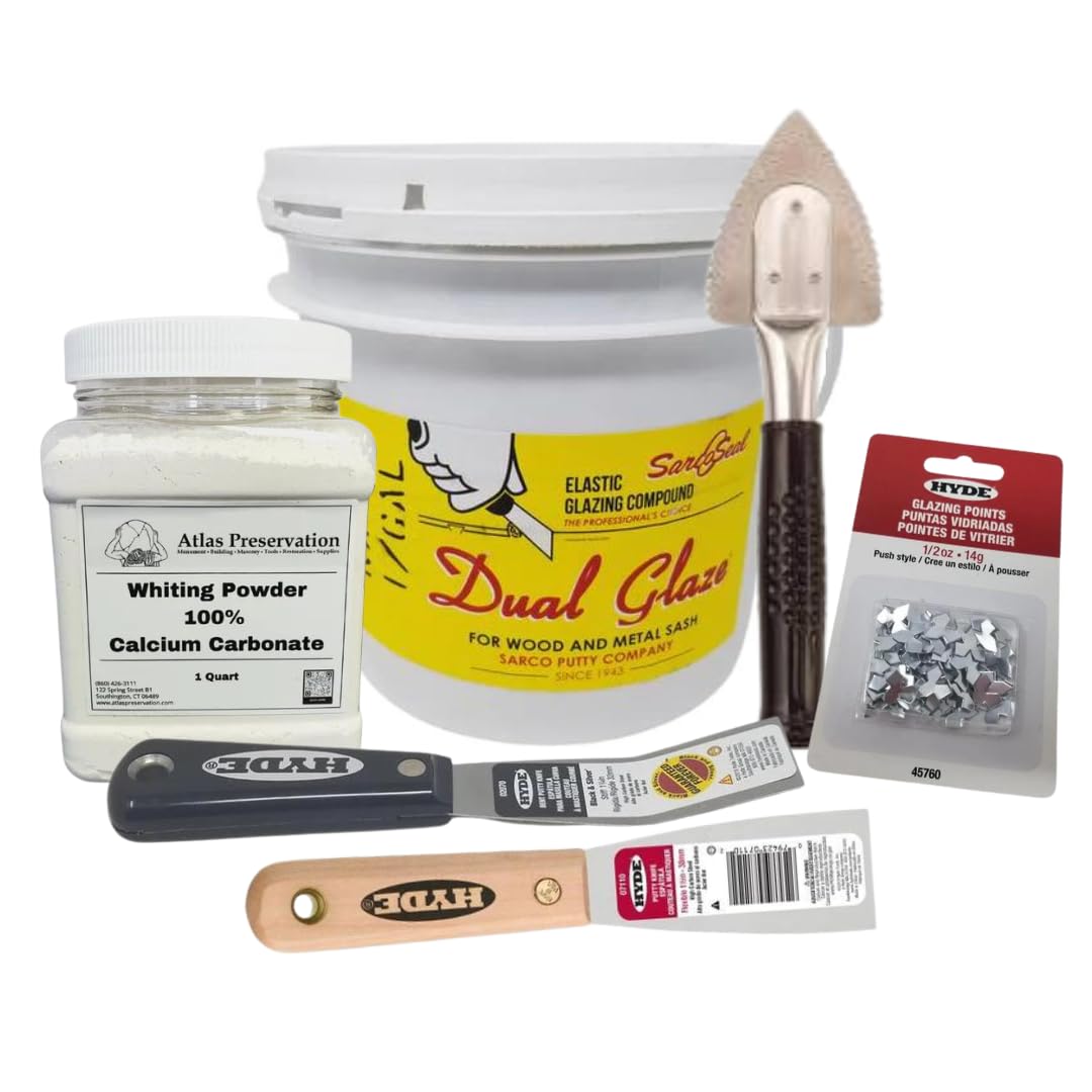 Sarco Window Glazing Set - LARGE Dual Glaze - Restore Your Historic Windows - Set Includes Sarco Window Glazing Putty, Whiting Powder, Glazing Points, Window Opener, Flexible + Stiff Putty Knife