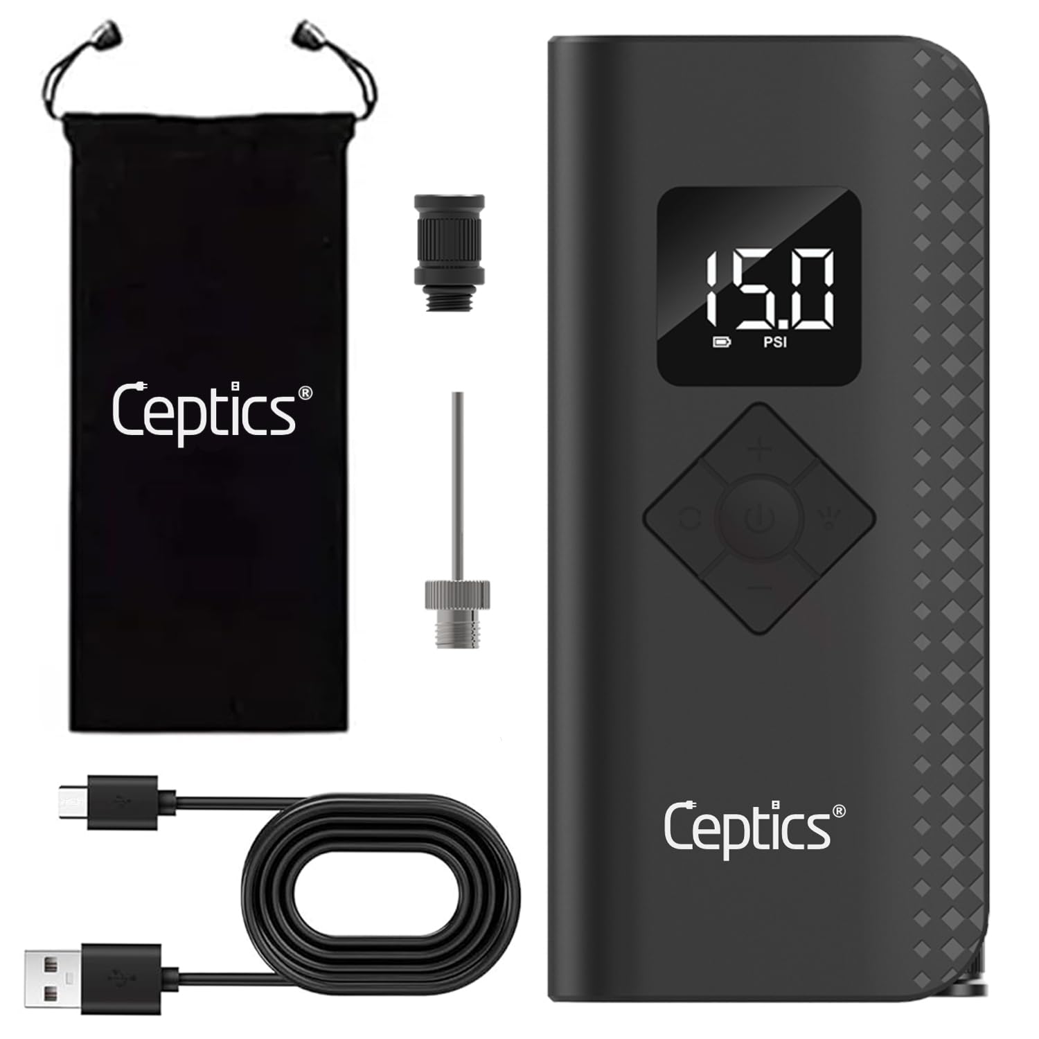 Ceptics Tyre Inflator for Car - Smart Cordless Portable Air Compressor Pump (150 PSI), Air Inflator for Car, Bike, Bicycles, Balls, Chargeable Battery with Digital LCD Pressure Gauge (TI-A13) Black