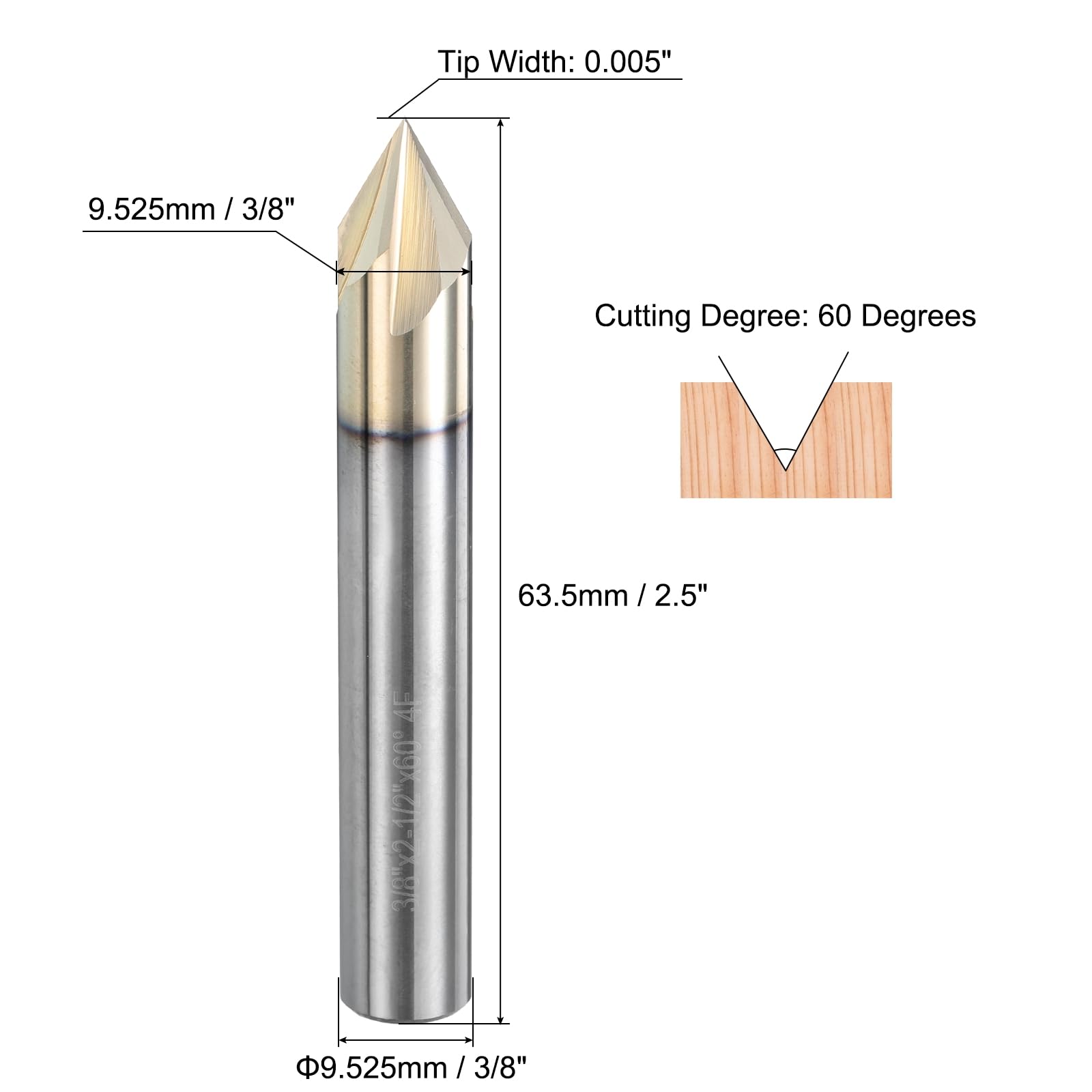 uxcell Lot de 2 fraises de défonceuse à rainure en V de 60 degrés pour pointe CNC et 4 flûtes Tige de 9,5 mm Fraise à sculpter en carbure nano-revêtement pour gravure