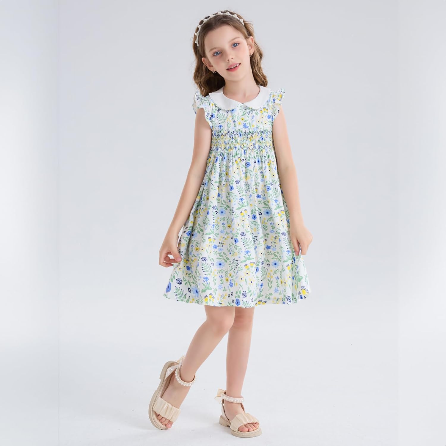 Girls Smocked Blue Dress Toddler Floral Summer Dress Vintage Dresses Kindergarten Graduation Dress - Image 5