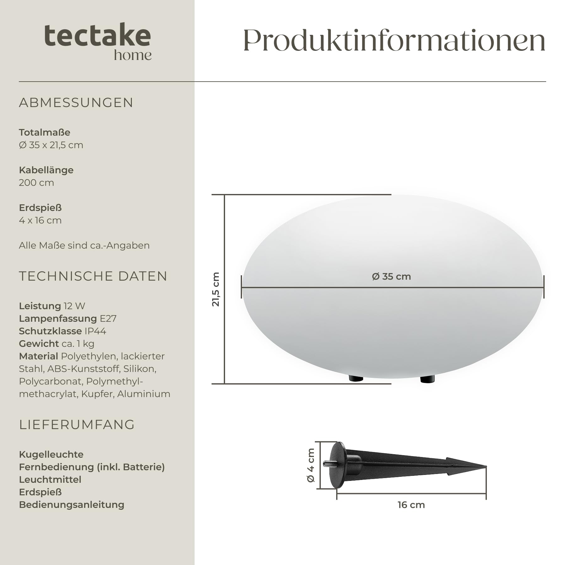 tectake® LED Kugelleuchte, Ø 35 x 21,5 cm, outdoor Lampe, Deko Garten, Beleuchtung Garten oder Nachttischlampe, LED Tischlampe, Deko Wohnzimmer, Balkon Deko, Wegeleuchten außen, Außenleuchte- Size M