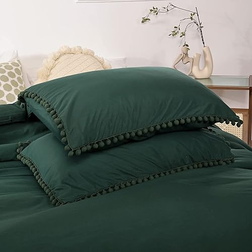 Miniatura 7 de Smoofy Juego de edredón con flecos, tamaño matrimonial, color verde esmeralda, bohemio, elegante, bonito juego de ropa de cama con pompones, suave,