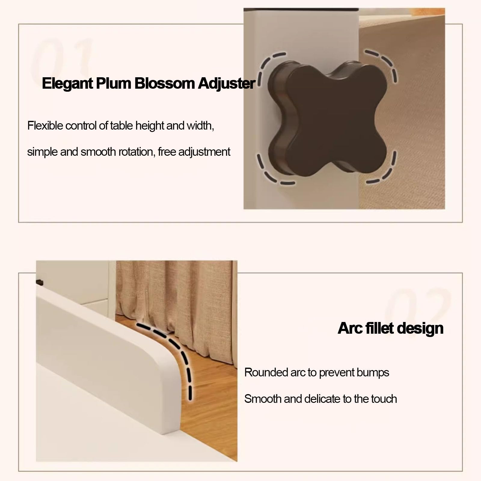 Table de lit roulante avec plateau repas et bureau, réglable en hauteur de 65 à 95 cm, pour ordinateur portable, avec plateau de bureau intégré, compatible avec les lits king size (115-210 cm, couleu