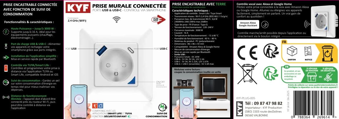 KYF Lot de 4 Prises Connectées WiFi, Type E, PC, Encastrable avec Ports USB-A + USB-C (20 W), Blanc, Compatible Alexa & Google Home, 220-240V, FR, 16A
