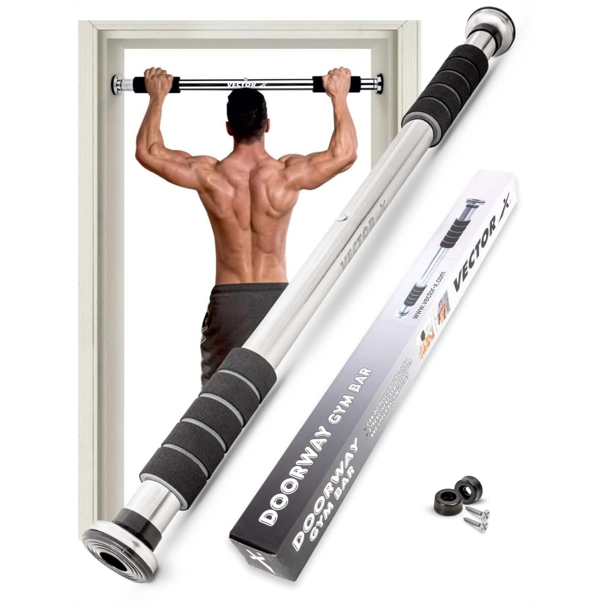 Vector X GB-360-C Adjustable Pull Up Bar with Cushioned Grip for Doorway Gym Workout Equipment for Strength Training Upper Arms Chin Up Heavy Duty Abs Upper Body Fitness Equipment for Home Indoor Gym-image-22