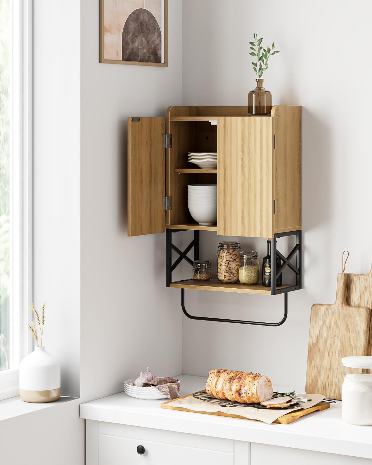 Armoire à pharmacie / Armoire murale de salle de bain, meuble mural avec étagères réglables, armoire gain de place pour salle de bain, cuisine et salon (68,5 x 39 x 18 cm, chêne au design moderne)