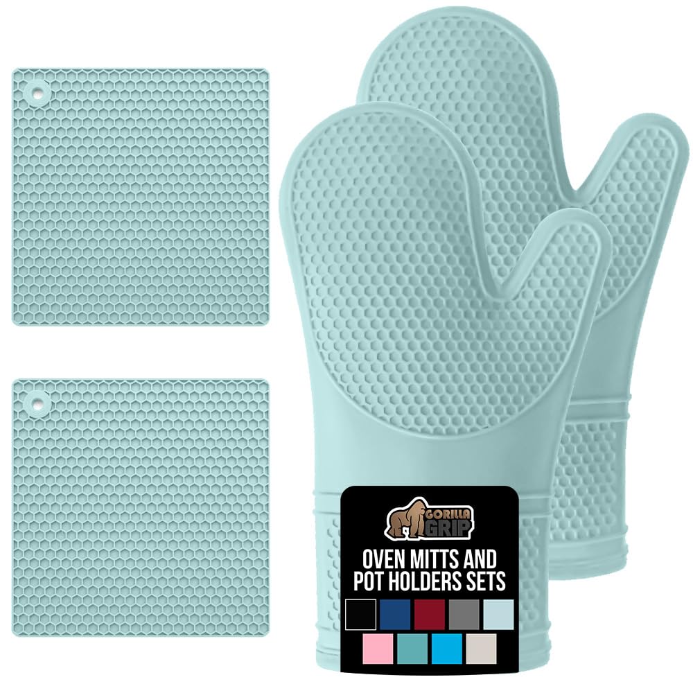 GORILLA GRIP BPA-Free Soft Silicone Oven Mitts and Pot Holders Sets of 4, Heat Resistant Waterproof Cooking Gloves, Thick Cotton Lining, Flexible Gripping for Baking Grilling, Kitchen Trivets, Mint