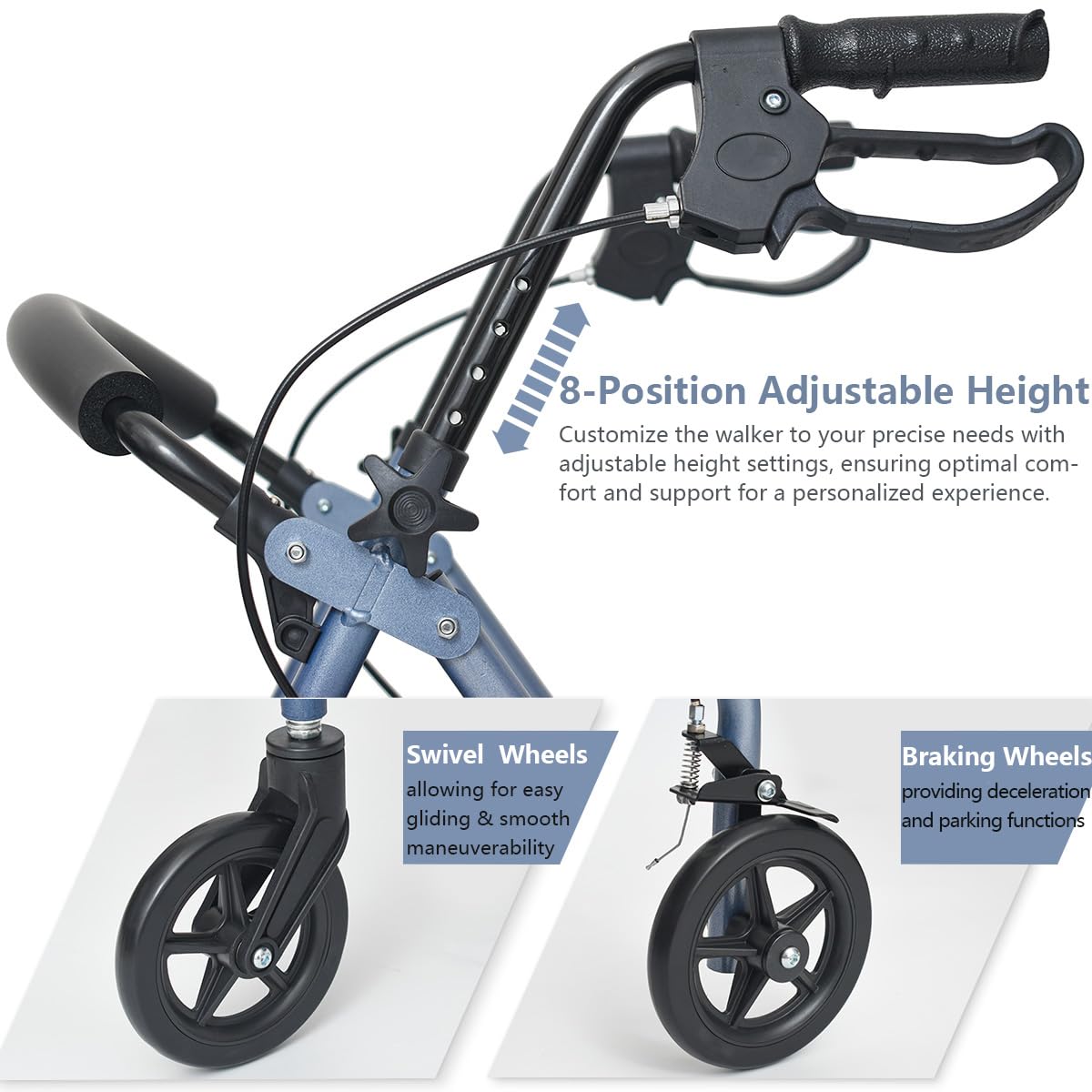 Andador plegable con asiento acolchado, frenos bloqueables, mango regulable en altura, 4 ruedas