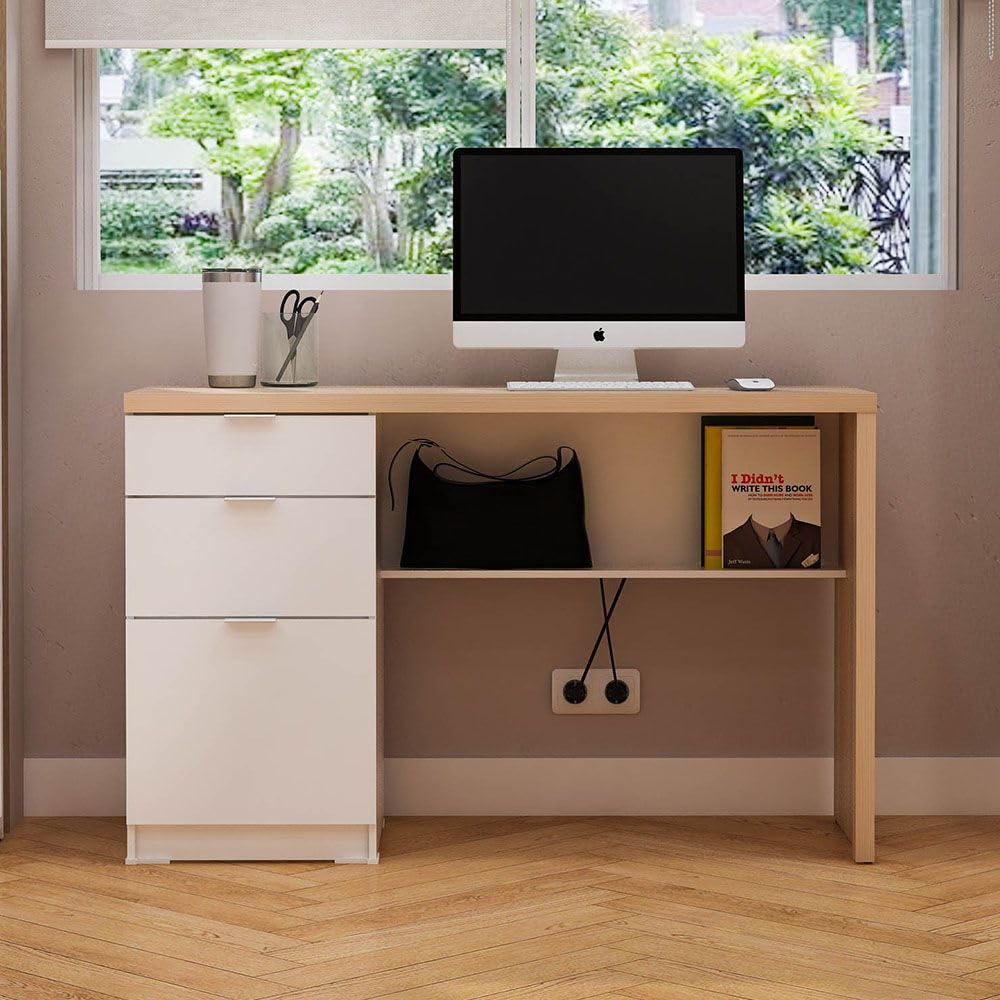 Danube Home Barbados Office Desk With 2 Drawers And 1 Door+Shelf | Computer Table Office Desk Workstation | Modern PC Laptop Gaming Table | Wooden Study Table For Home Office L119xW47xH75cm-White/Oak