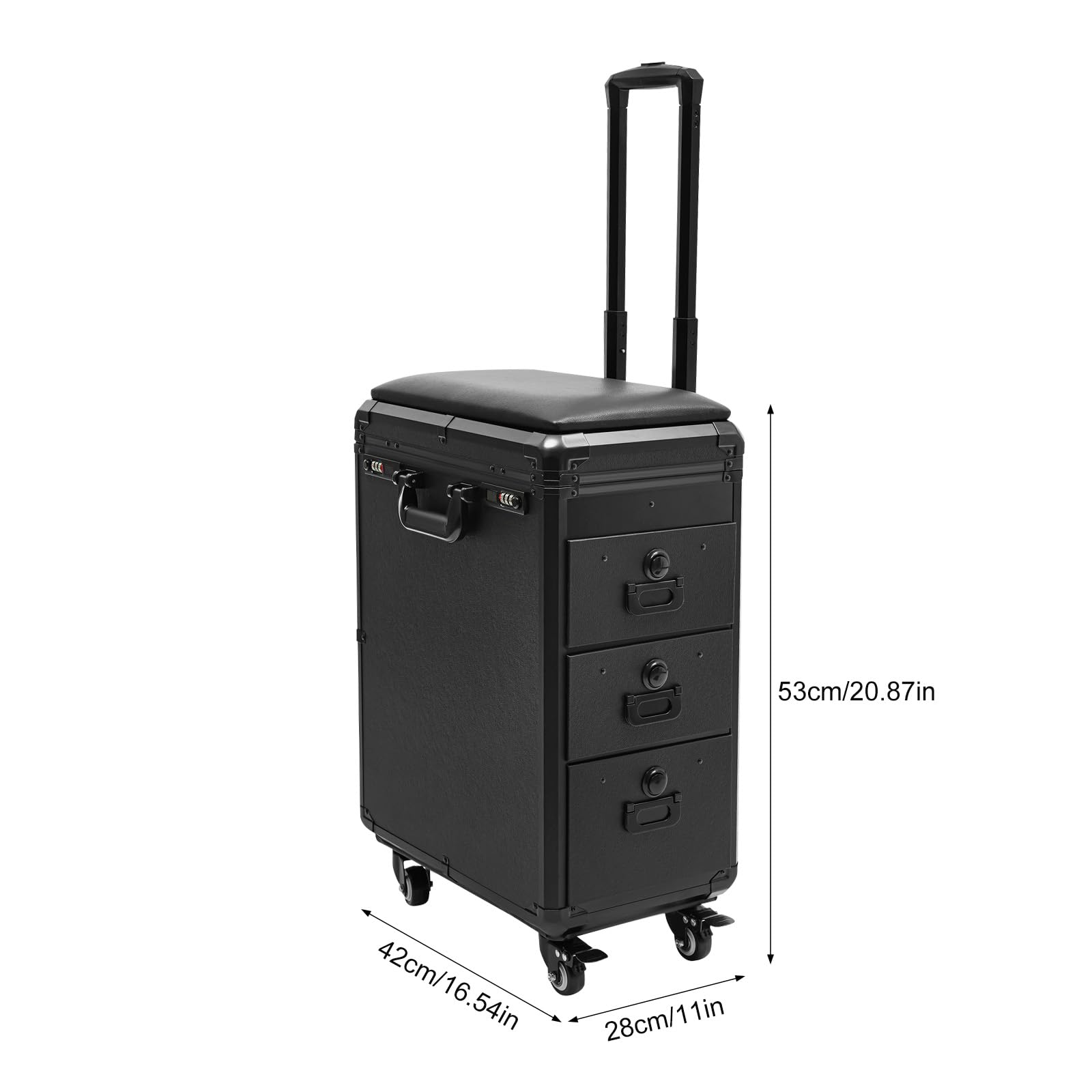 Kosmetikkoffer Trolley mit Armlehnenständer, Metallplatte | Professioneller Nagelkoffer mit 3 Schubladen & Kombinationsschloss, Tattoo Tisch Beauty Stand für Reise, Friseure, Visagisten