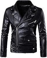 Lavnis Men's Slim Fit PU Faux Leather Motorcycle Biker Jacket with Belted Hem & Zipper Pockets