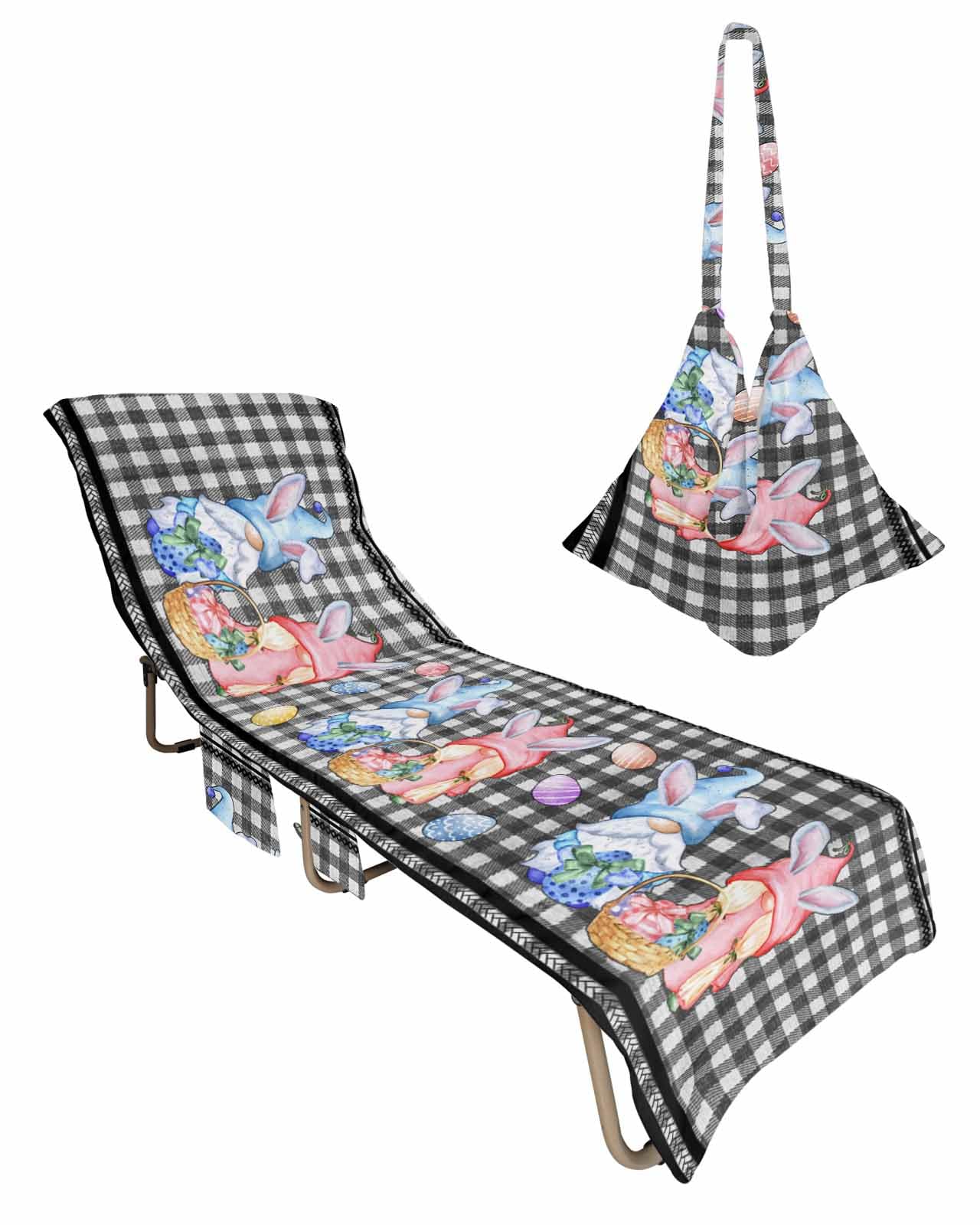 Easter Gnomes Beach Chair Towel Covers for Chaise Lounge with Side Pocket, Soft Plush Pool Towels Cover for Patio Sunbathing Outdoor 29''x85'' Watercolor Eggs Black White Buffalo Plaid