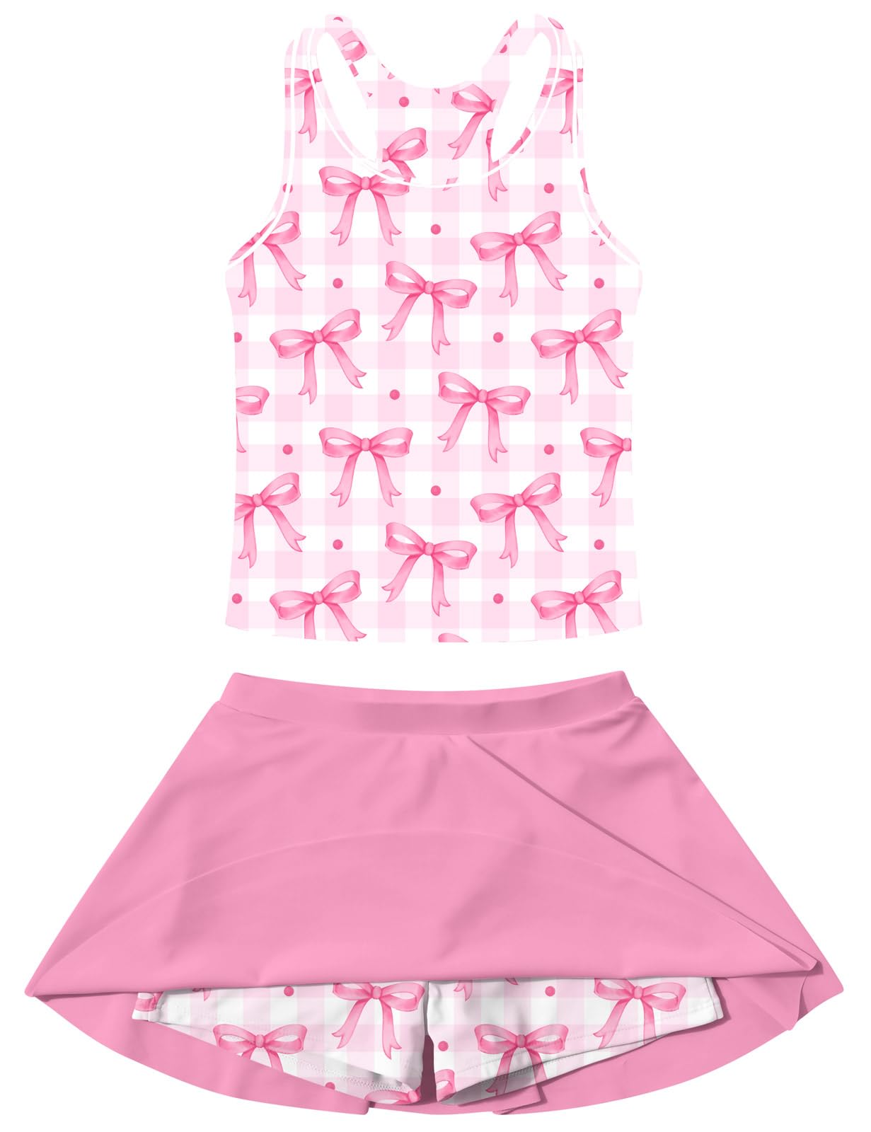 Vogseek Girls Swimsuit Size 8 9 Pink Bow Cute 2-Piece Girls Bathing Suit with Modest Skirt Quick Dry Sleeveless Swimwear Beach Tankini Sets for Summer Surfing