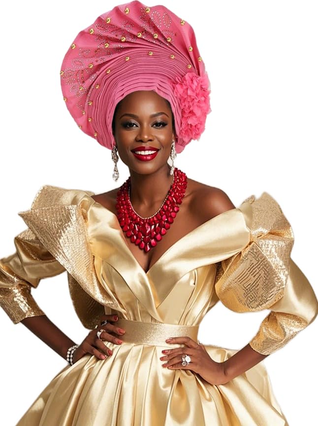 Africa Nigeria Headscarf Fashion Women Ankara Style Suitable For Church Wedding Party (pink, 22.44in-22.83in Freely adjustable)