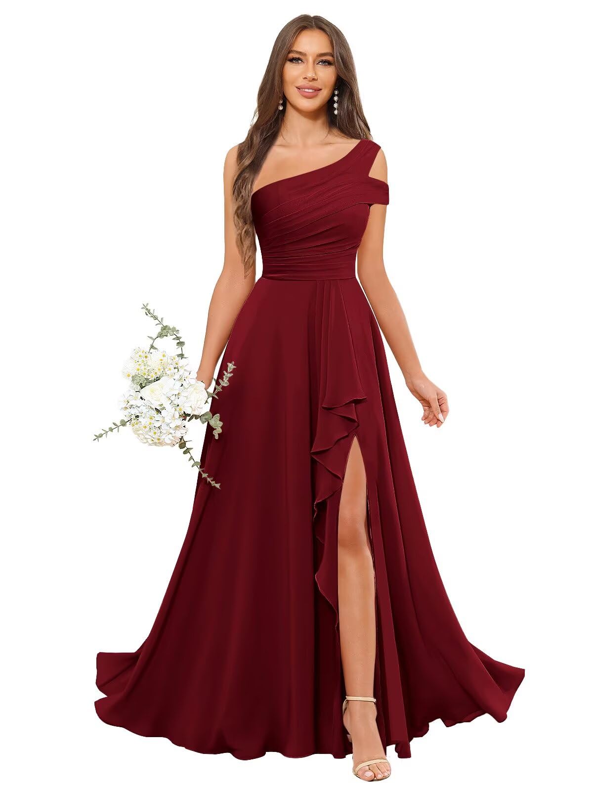 PAVERJER One Shoulder Bridesmaid Dresses Long for Women Ruched Ruffles Chiffon Formal Dress with Slit