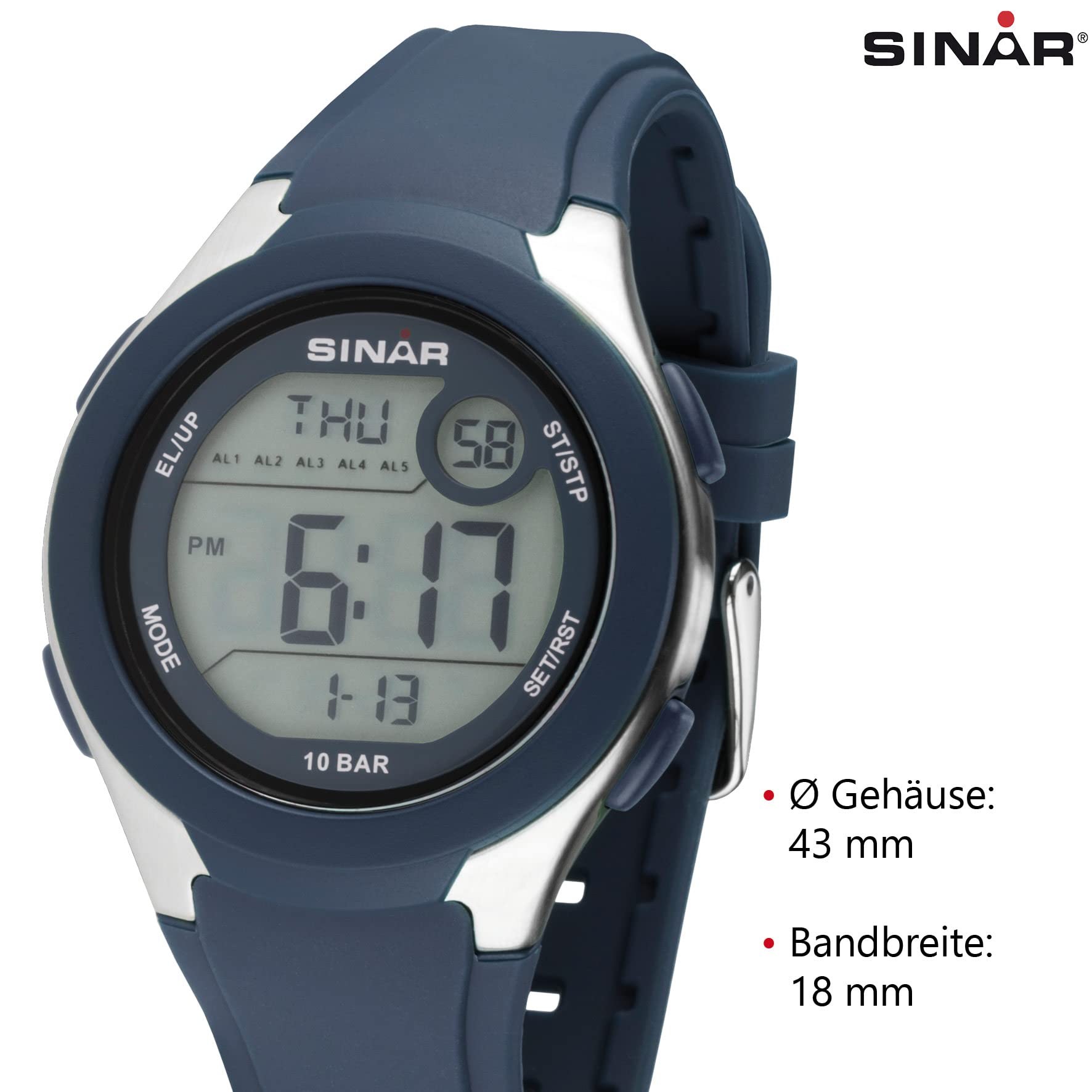SINAR Zegarek damski męski młodzieżowy zegarek na rękę unisex zegarek sportowy outdoor cyfrowy kwarcowy 10 bar z silikonowym paskiem, 5 alarmów i światła ciemnoniebieski XV-19-2
