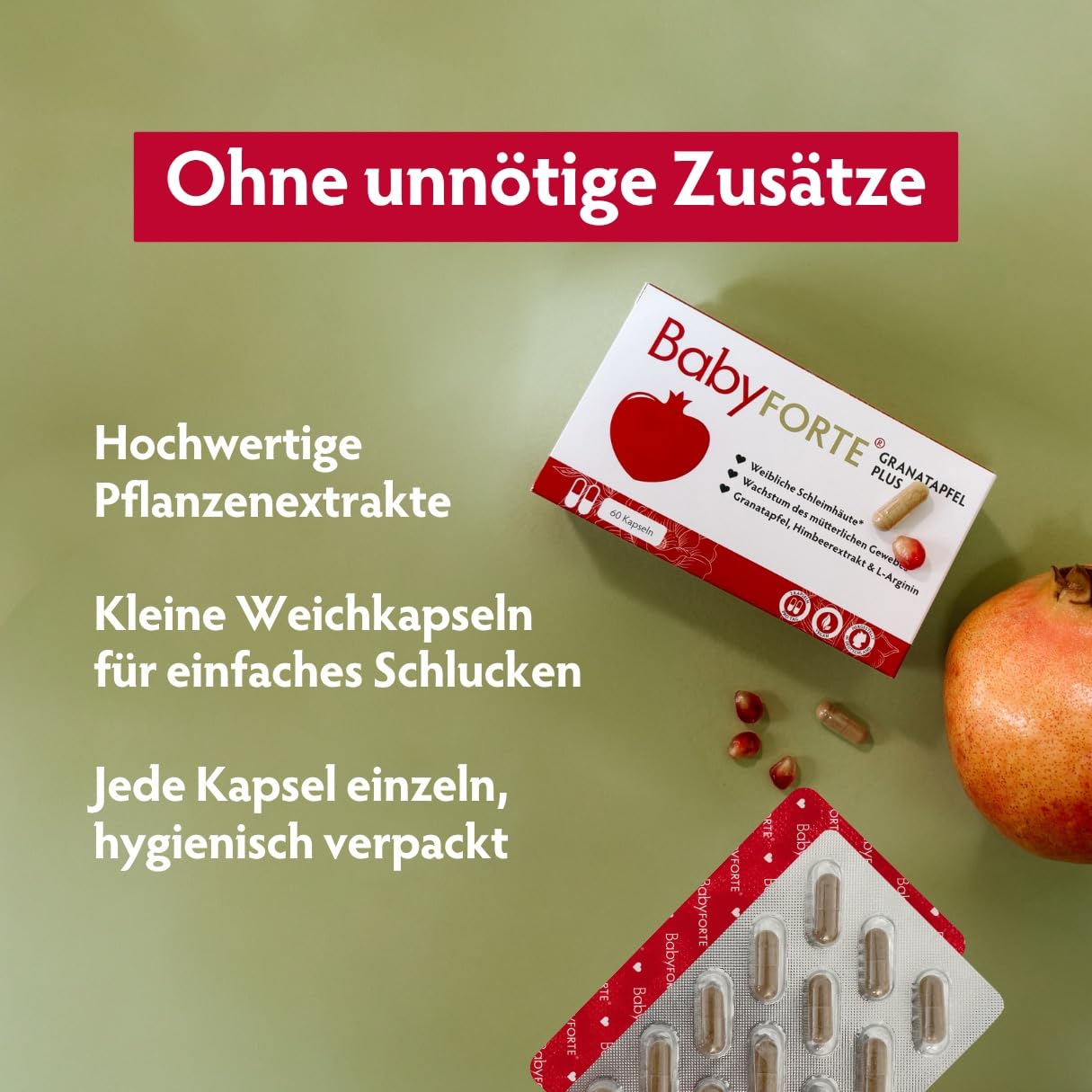BabyFORTE Granatapfel Plus | vegan | für Schleimhäute | Granatapfel Extrakt & Himbeer | 180 Kapseln