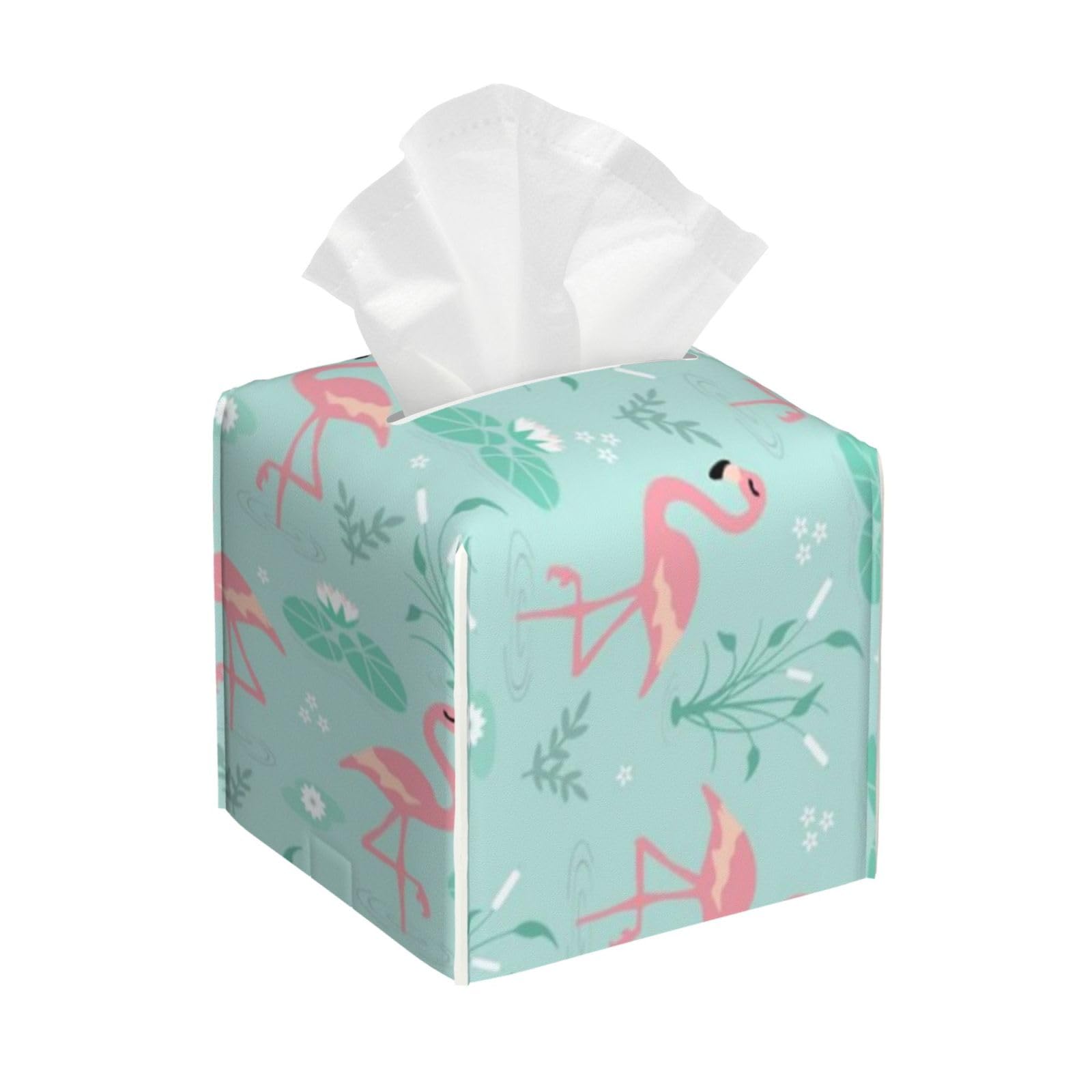 Flamingo Pattern Tissue Box Cover 5" Square Leather Tissue Holder Facial Tissue Case for Tabletop Bedroom Bathroom Desk Decor