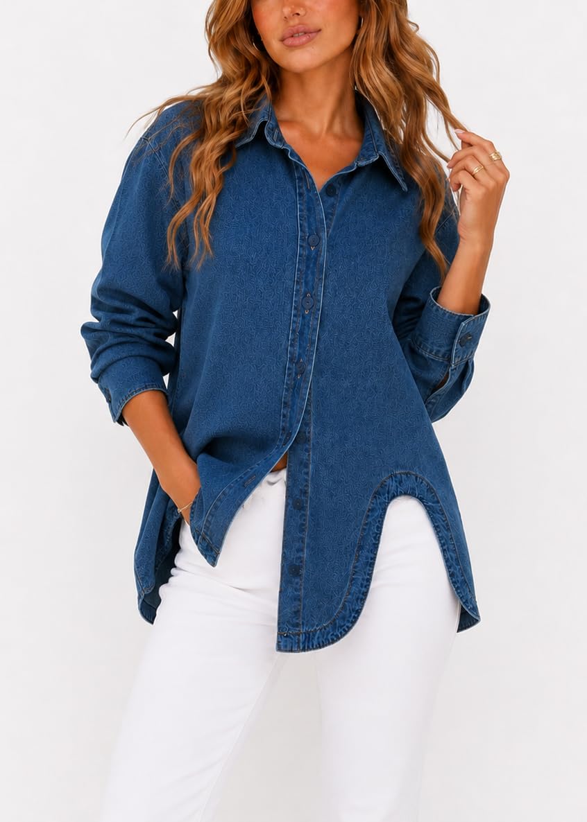 Kedera Damen-Jeans-Shirt, Knopfleiste, lässig, langärmelig, Jeansjacke, Übergröße, Chambray-Bluse