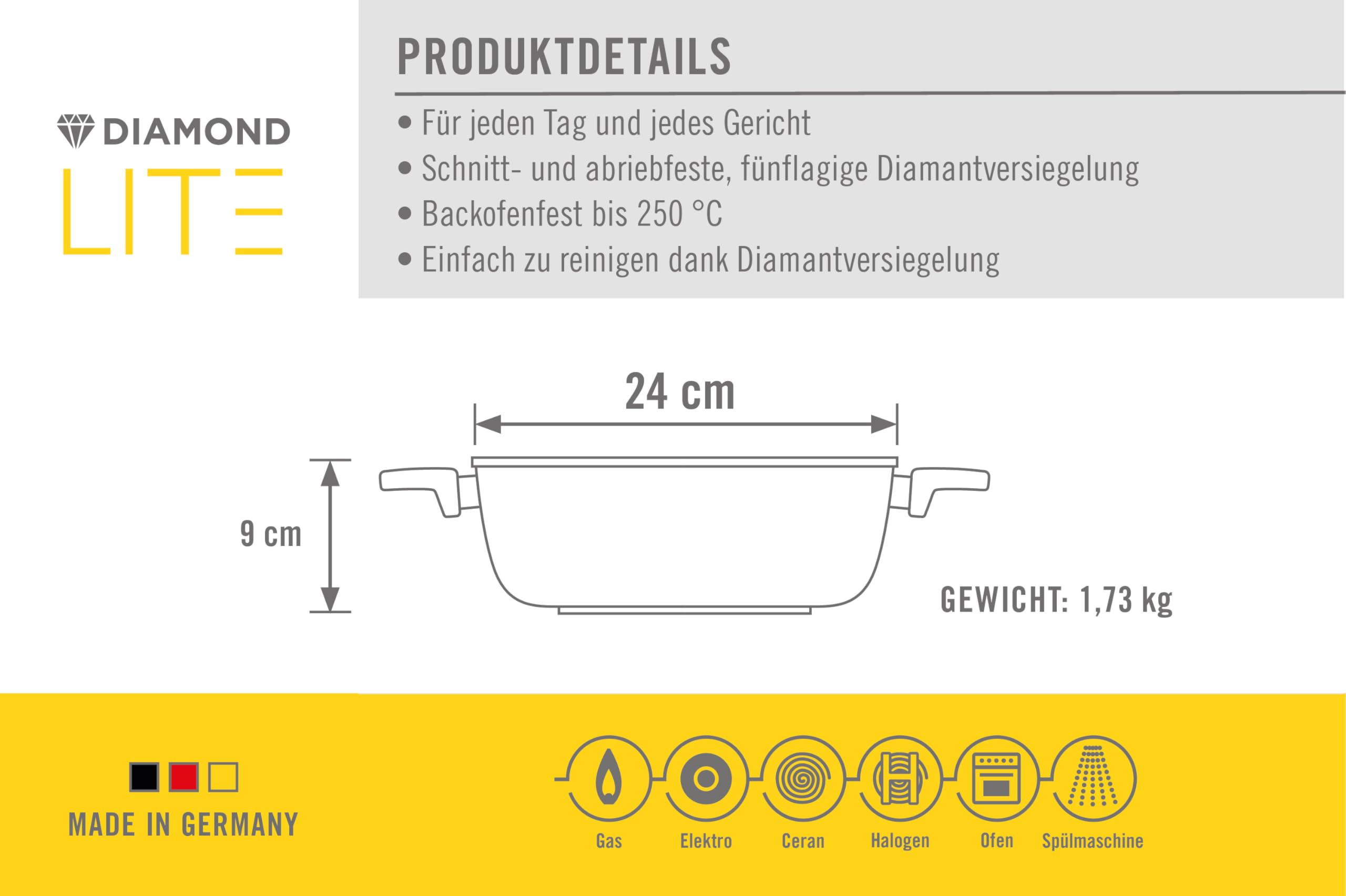 WOLL Rondel Diamond Lite Ø 24 cm, 3,8 l z 2 bocznymi uchwytami – garnek nieprzywierający z odlewu aluminiowego, nadaje się do piekarnika, ceramicznego, gazowego, elektrycznego i halogenowego – rondel