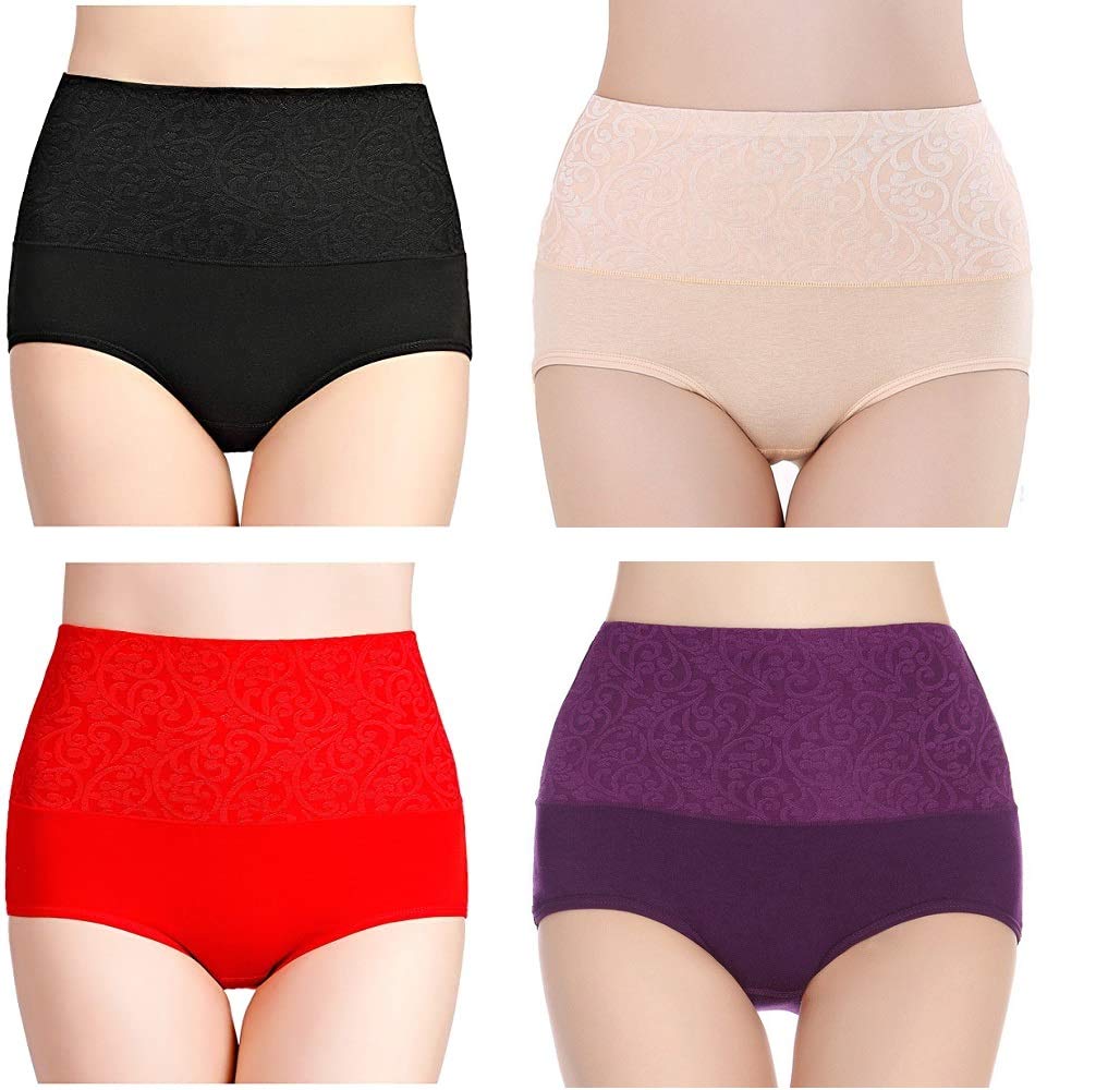 plumbury Women's Cotton High Waist Full Coverage Tummy Control Panty, Free Size (Pack of 4 Panty) Black/Beige/Red/Purple-picture-14