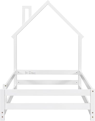 Miniatura 4 de Cama de madera de tamaño individual con cabecero en forma de casa con vallas, color blanco