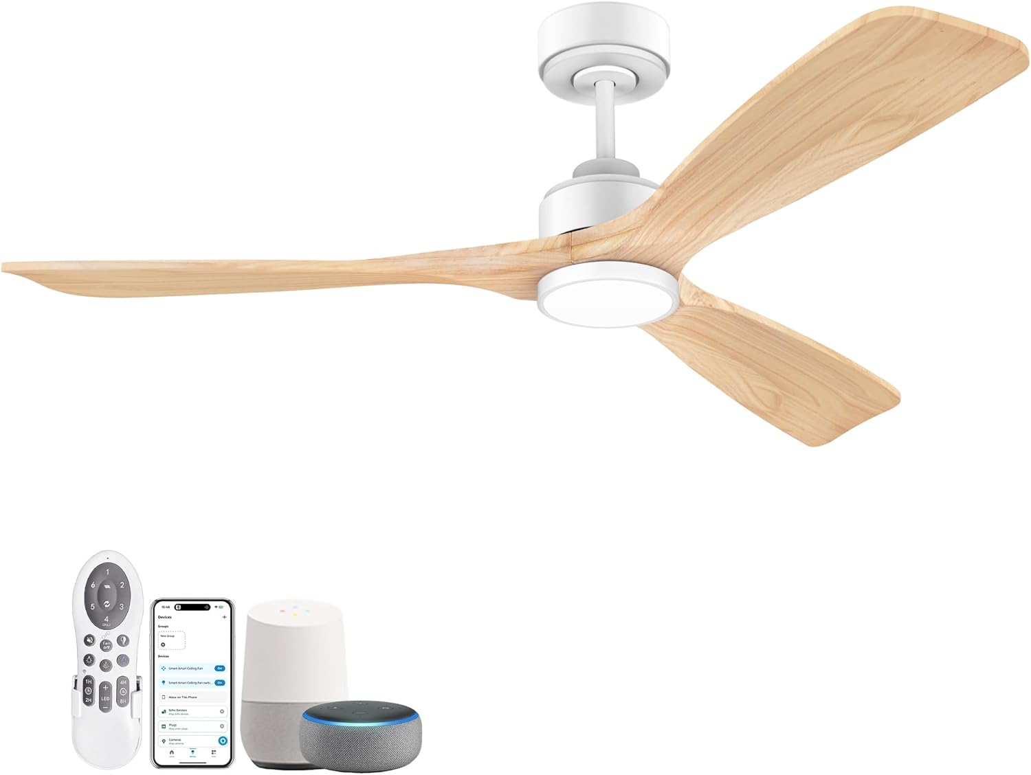 52 Inch Wood Smart Ceiling Fans with Lights Remote,Voice Control via WIFI Alexa App,Quiet DC Motor,Outdoor Indoor Ceiling Fan,Dimmable,Modern Light Wood Lighting & Fan for Bedroom Patio Porch