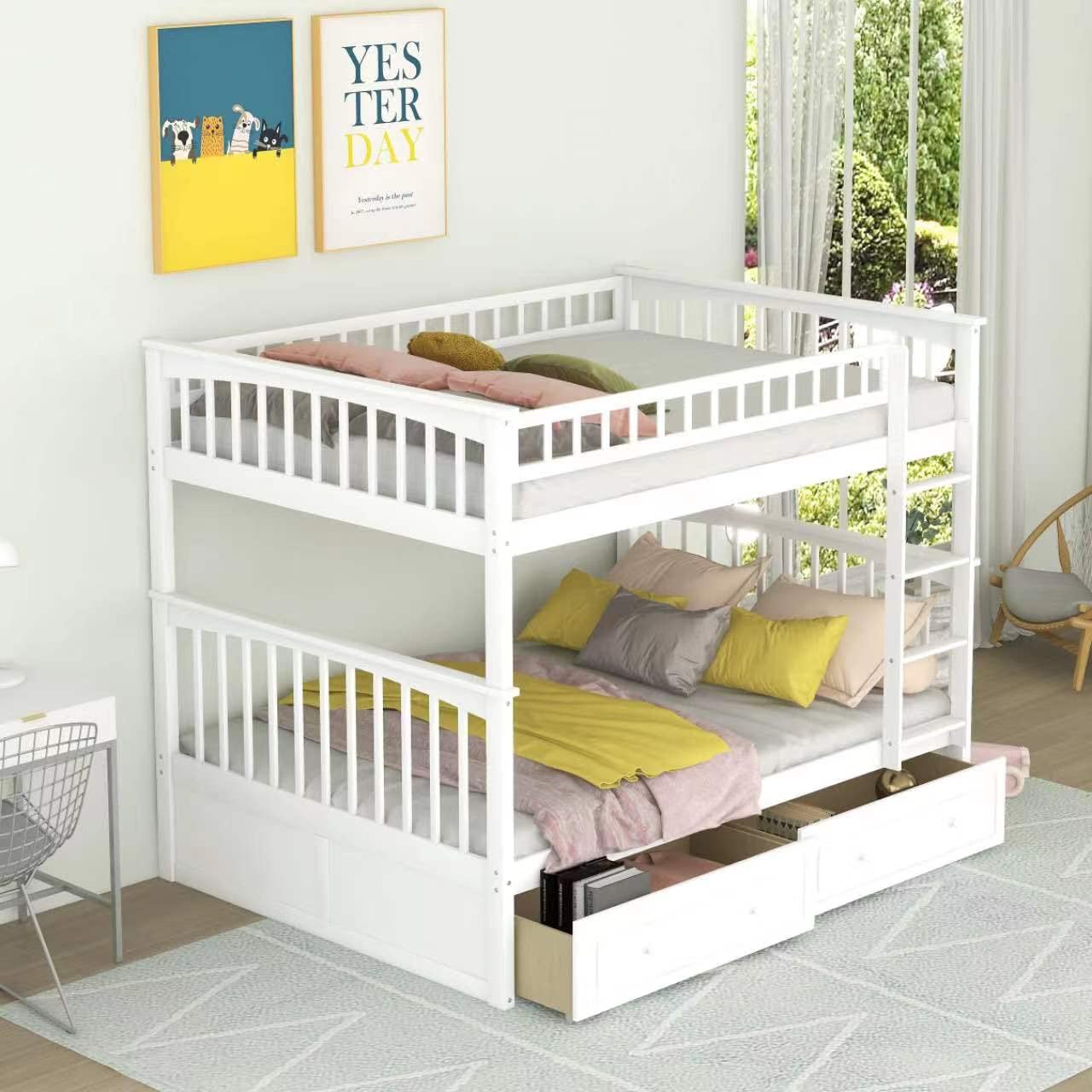 Harper & Bright Designs Full Over Full Wood Bunk Bed with Two Storage Drawers and Ladder, Convertible Storage Bunk Bed Can Be Divided Into Two Full Size Daybeds (White)(box 1 of 2)