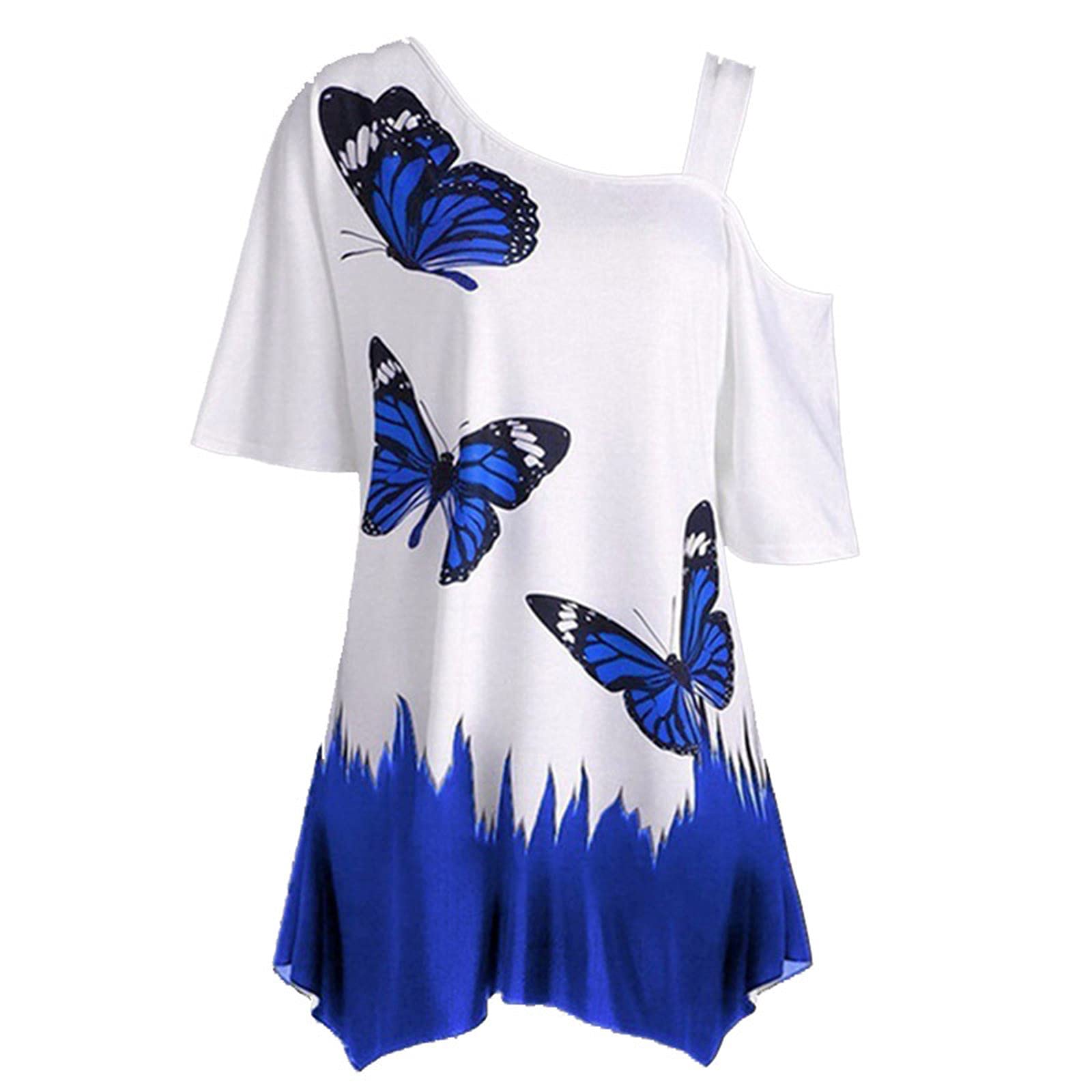 AMhomely Women Cold Shoulder Butterfly Print Short Sleeve Plus-Size Shirt Blouse Tops UK Size Sale Clearance