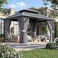 Polar Aurora 10'x12' Outdoor Gazebo Hardtop Grill Gazebo Aluminum Galvanized Steel Double Roof Outdoor Pergola Include Curtain and Netting for Backyard, Patio, Lawn
