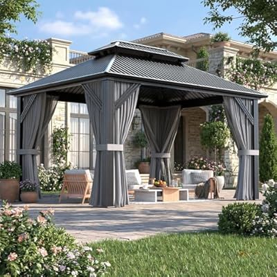 Polar Aurora 10'x12' Outdoor Gazebo Hardtop Grill Gazebo Aluminum Galvanized Steel Double Roof Outdoor Pergola Include Curtain and Netting for Backyard, Patio, Lawn