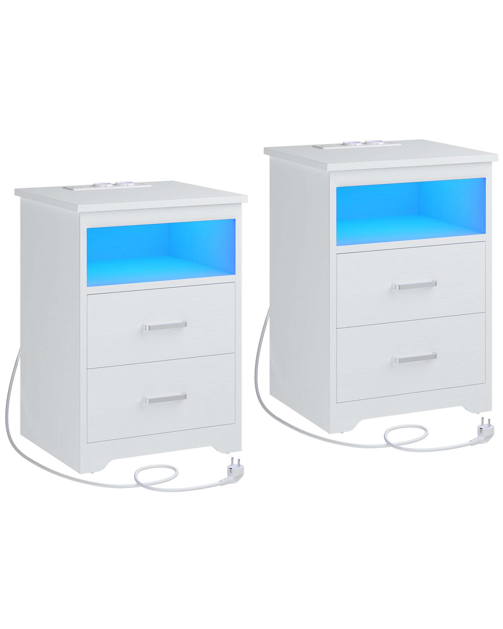 KIMENICH Mesita de Noche de 2 Piezas con Iluminación LED, Mesilla de Noche con Estación de Carga, Puertos USB, 2 Cajones, Mesa de Sofá, para Dormitorio, Salón (Blanco)