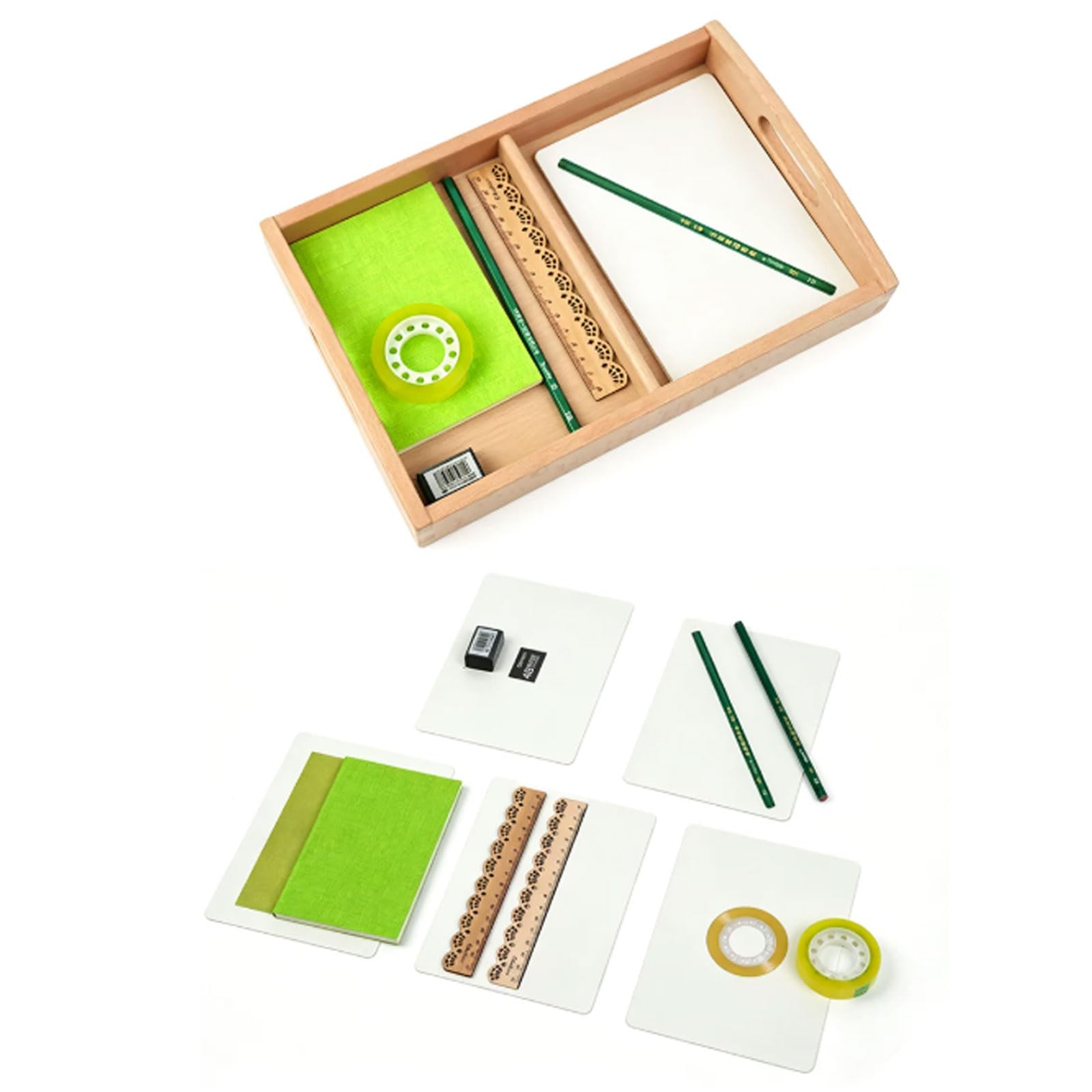 Montessori-Sprachzuordnung-Arbeitsset mit geteilter Holztasche, Näh-/Frisier-/Schreibstation-Zuordnungsset,A