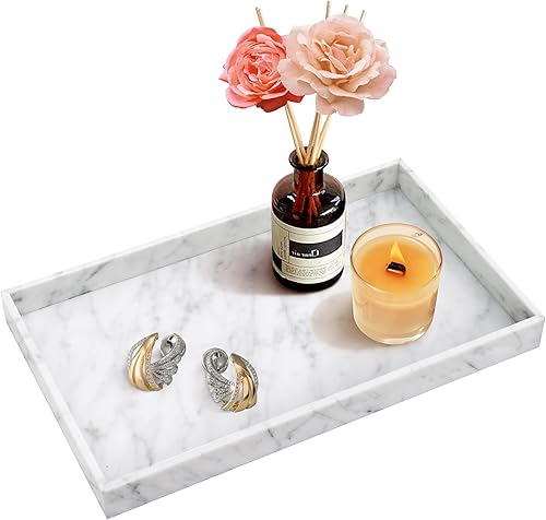 JESSILIN HOME Bandeja de mármol natural italiano, bandeja de tocador, bandeja de servir, bandeja decorativa para cocina, baño, blanco Carrara 12 x 7
