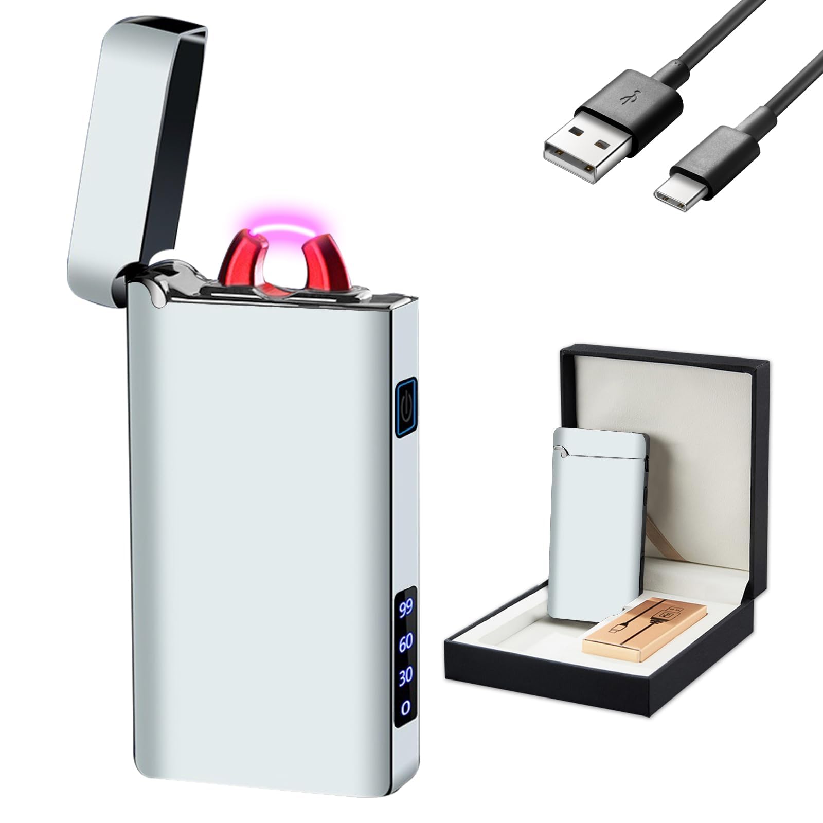 GADATOP Electric Lighter Plasma Arc Lighters Rechargeable USB-C Lighter Fire Lighters High Power Windproof Flame Metal Body With LED Light Power Display For Candle Aromatherapy Camping Outdoor(Silver)
