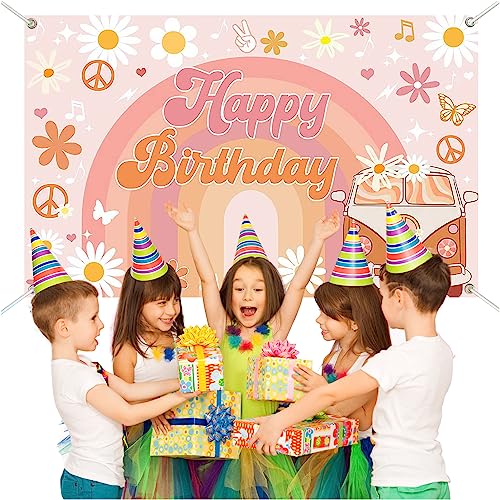 Image of Avezano Groovy Birthday Banner for Retro Hippie Birthday Party Decorations Girls Daisy Flower Boho Rainbow Theme Photoshoot Backdrops 70.8 x 43.3 Inch