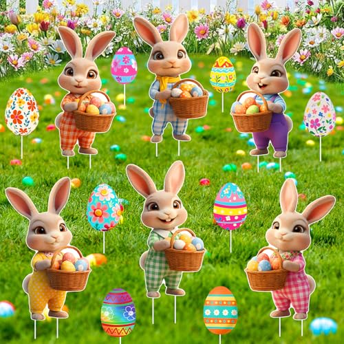 16 PCS Easter Yard Signs Outdoor Decorations, Easter Bunny Eggs Lawn Signs