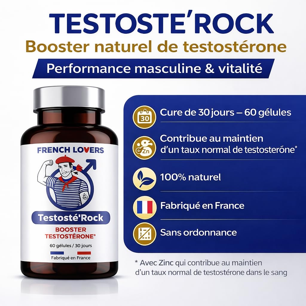 Testosté'Rock Booster Performance Homme | Soutien Taux de Testostérone & Musculation | Énergie, Vigueur & Vitalité | Maca, Zinc, Tribulus & Ashwagandha | 60 Gélules Fabriqué en France