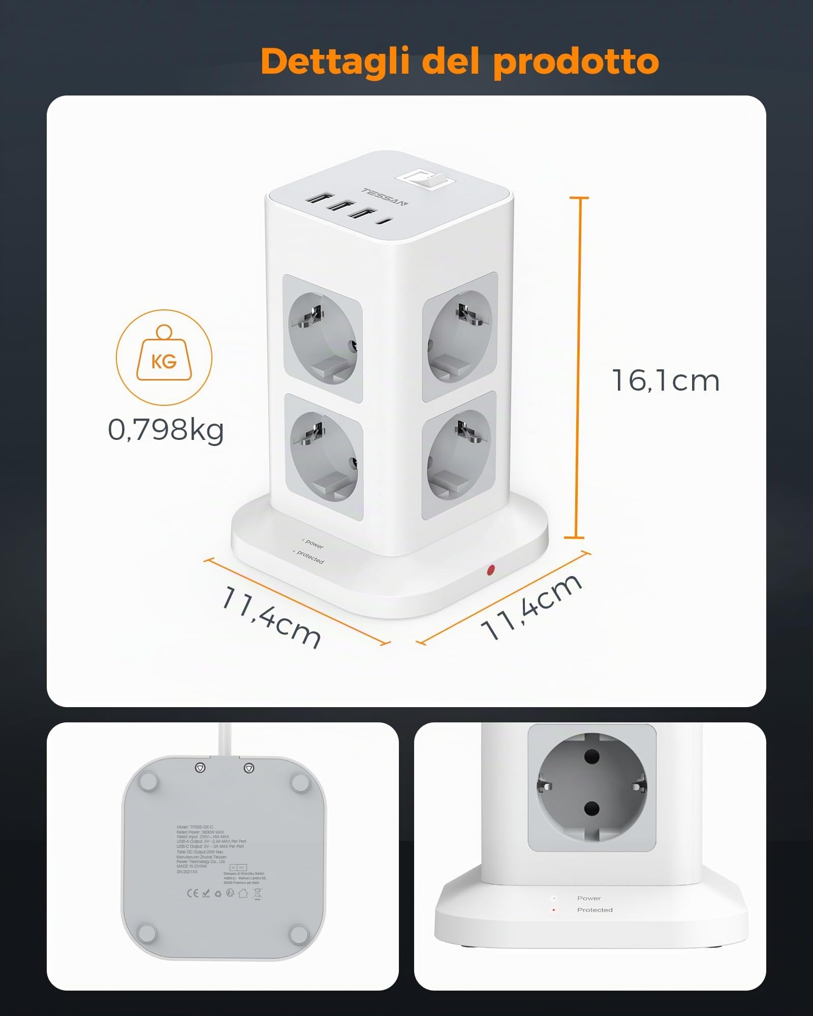 TESSAN Ciabatta Multipresa 8 Schuko con 4 USB, Torretta Multipresa con Interruttore e Prolunga Elettrica 2 Metri, 15W Ricarica rapida per Phone, Pad, Adattatore per Ufficio, Casa, Grigio