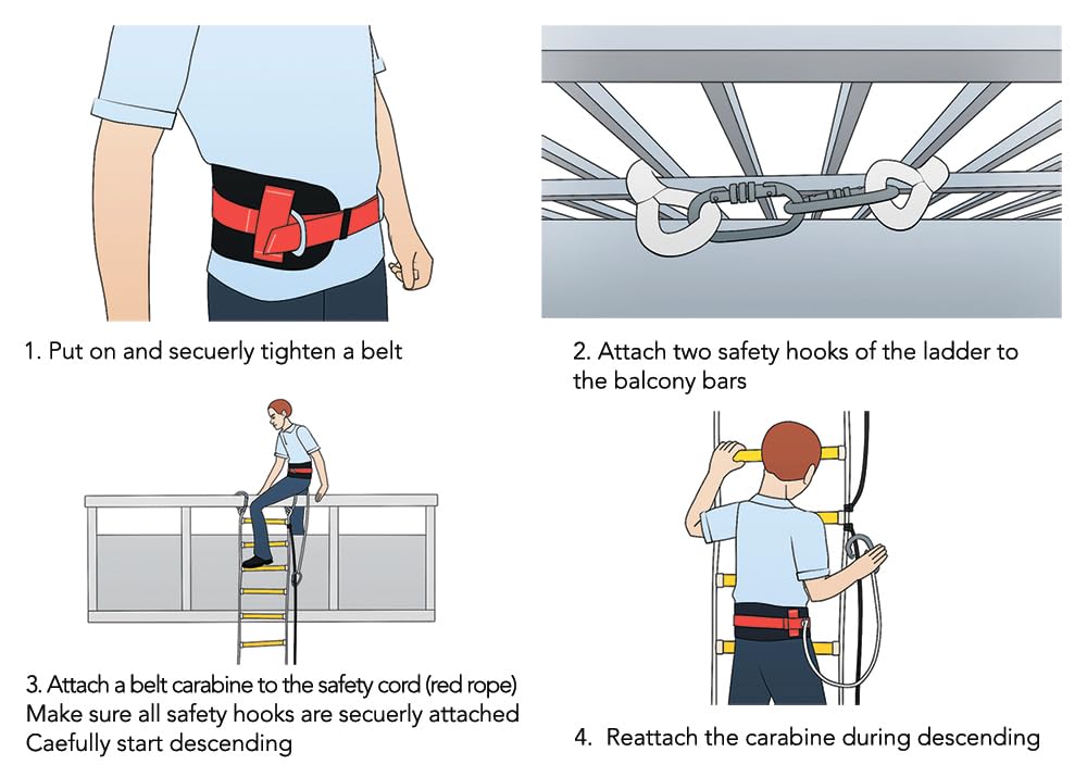 ISOP Scala di emergenza antincendio 4 piani 10 m | Scala in corda resistente alla fiamma con moschettoni | Cavo di sicurezza e cintura di sicurezza | Riutilizzabile