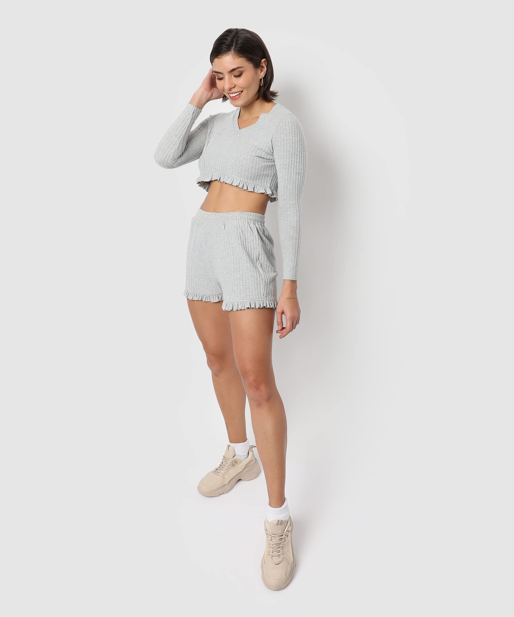 Campus Sutra Women's Light Grey Regular Fit Cropped Co-Ords For Winter Wear | Full Sleeve | Shorts | Ribbed Co-Ords | Casual Co-Ords For Woman | Stylish Co-Ords For Women