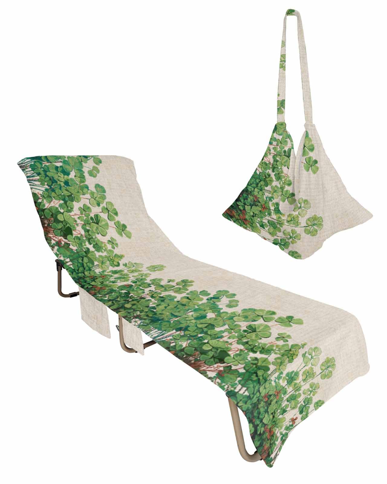 St. Patrick's Day Beach Chair Towel Covers for Chaise Lounge With Side Pocket, Soft Plush Pool Towels Cover for Patio Sunbathing Outdoor 29''x85'' Botanical Plant Watercolor Leaves Lucky