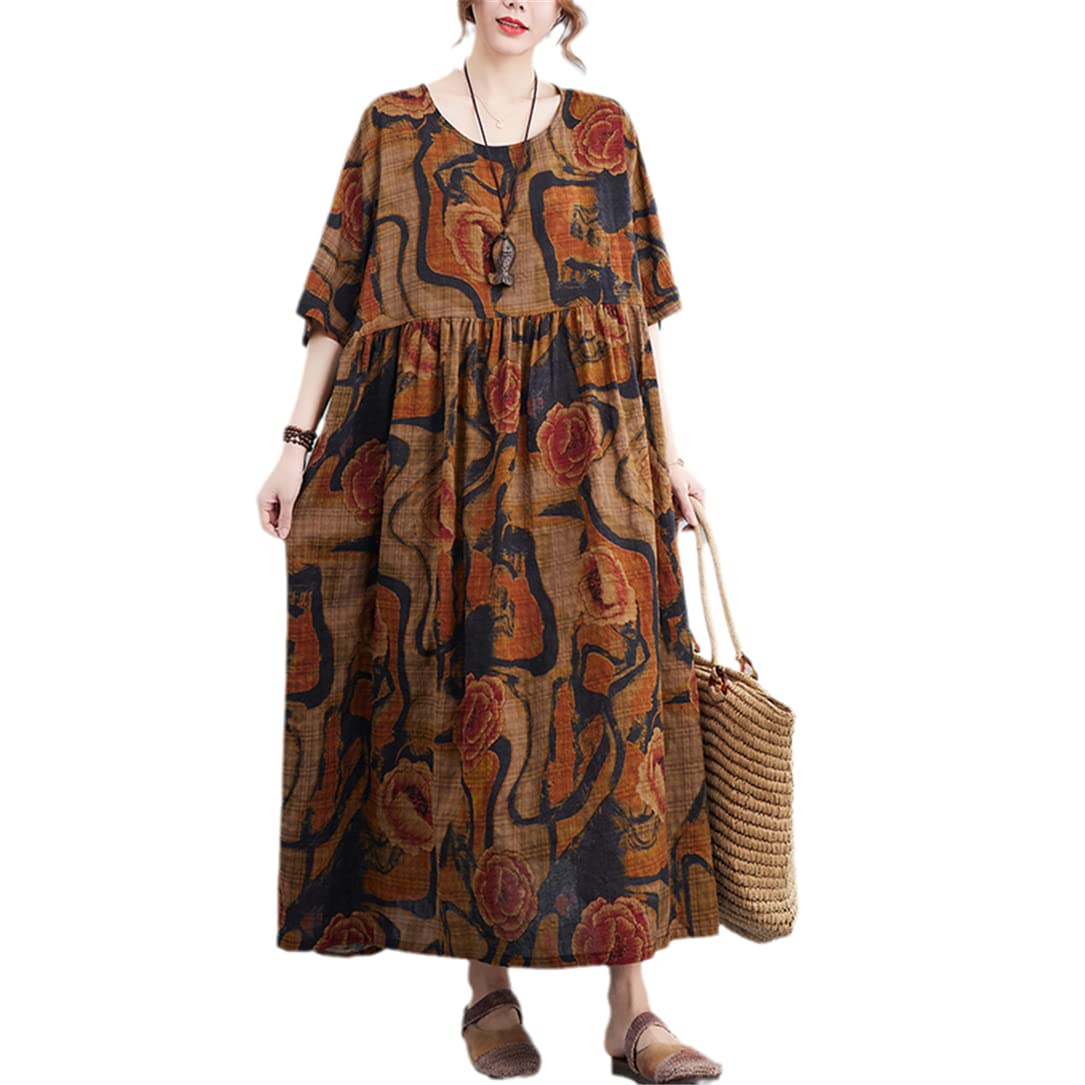 Amazon.com: Oversized Flower Print Summer Dress Womens Casual Beach Big  Large Dress Loose Floral Long Dresses Brown Dress One Size 164 : Clothing,  Shoes & Jewelry
