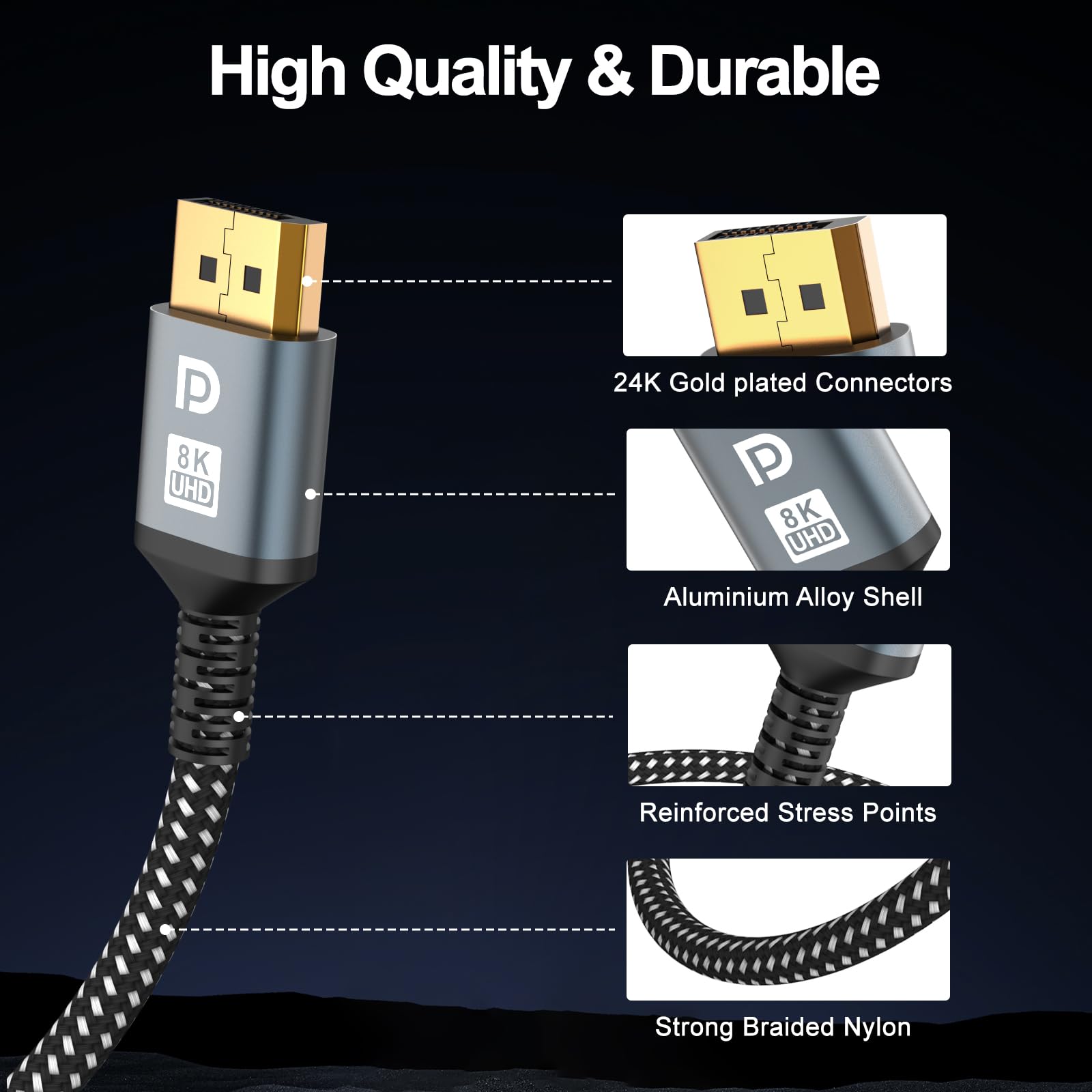 Cavo DisplayPort 16K 3m, [4K @240Hz/165Hz/144Hz, 16K @60Hz, 8K @120Hz, 2K @240Hz], cavo DP 2.1 HBR3 DSC 1.2, HDCP 2.2, G-Sync e Free-Sync per monitor di gioco, schede PC, PC, laptop