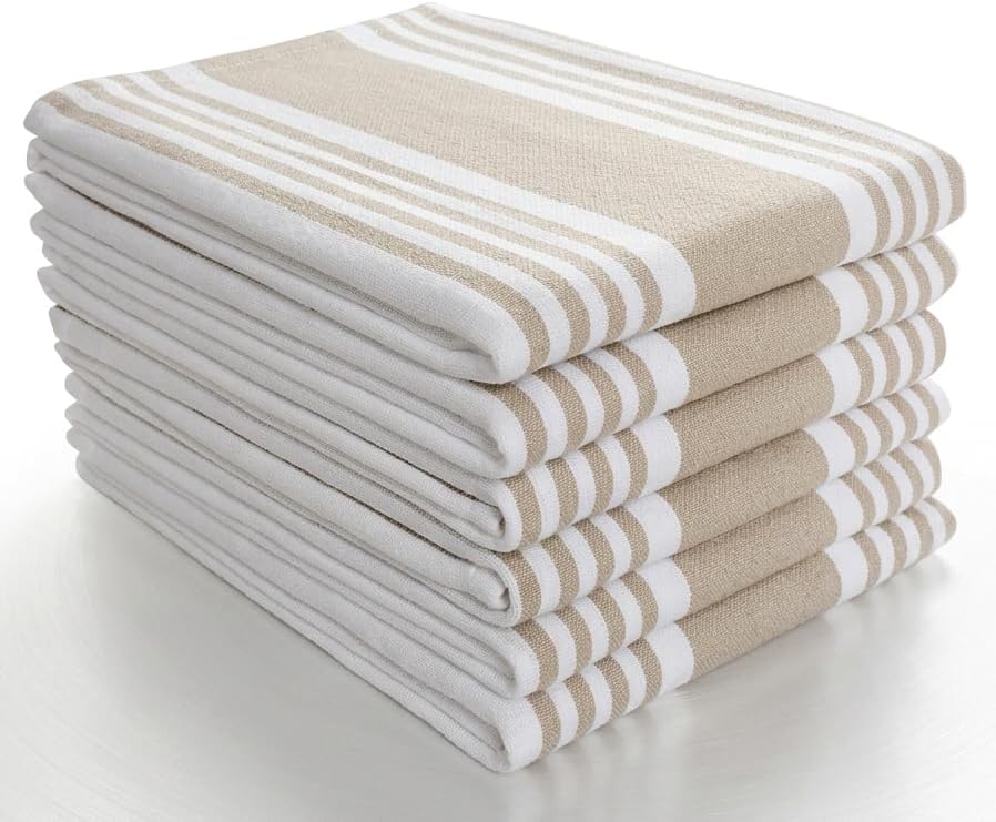 AMOUR INFINI Premium Kitchen Towels 100% Cotton Pack of 6, Highly Absorbent Quick Drying Super Soft Premium Dish Towel for Kitchen with Hanging Loop Hand & Tea Towels - 20x30 Inch (Tan)